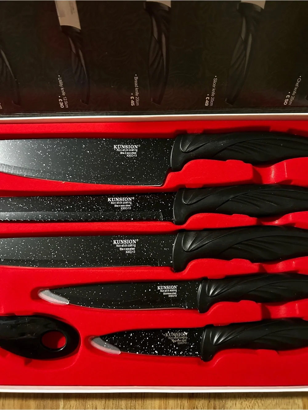 KUNSION 6-Piece Kitchen Knife Set Marble Coated Black Knives + Peeler